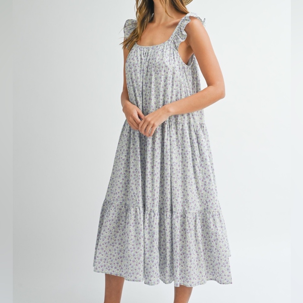 NWT MABLE Blue Vintage Floral Print Ruffle Trim Cottagecore Tiered Midi Dress